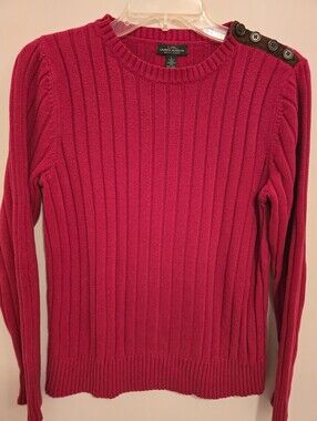 Lauren Ralph Lauren Fitted Ribbed Crewneck Sweater - Red With Brown Suede Botton
